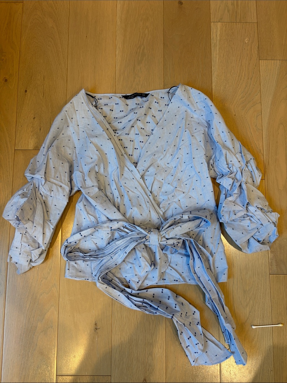 Zara Light Blue Polka Dot Wrap Top with Tie Waist
